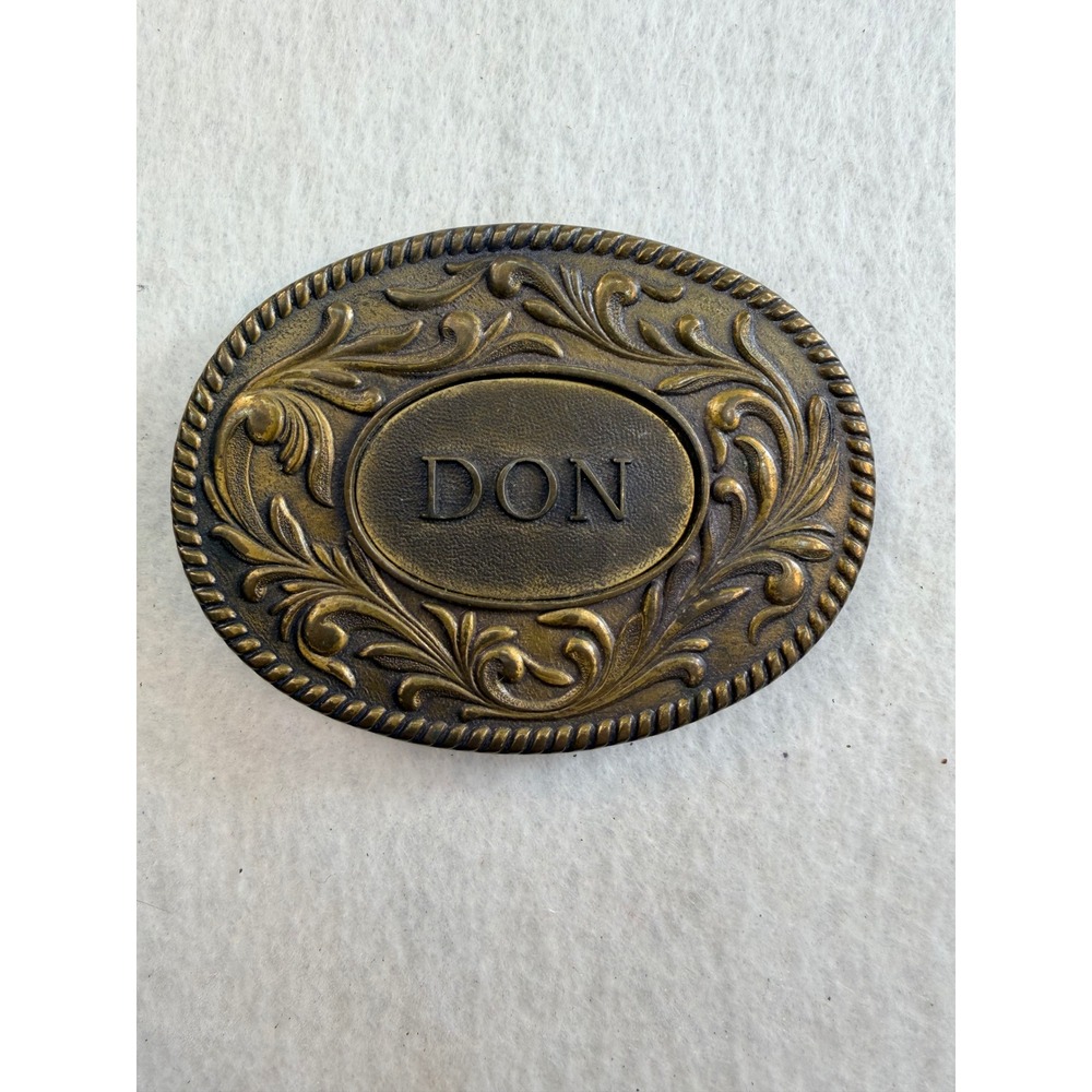 Vintage 1977 Kinney Co DON Name Belt Buckle Brass Tone Floral Scroll Western
